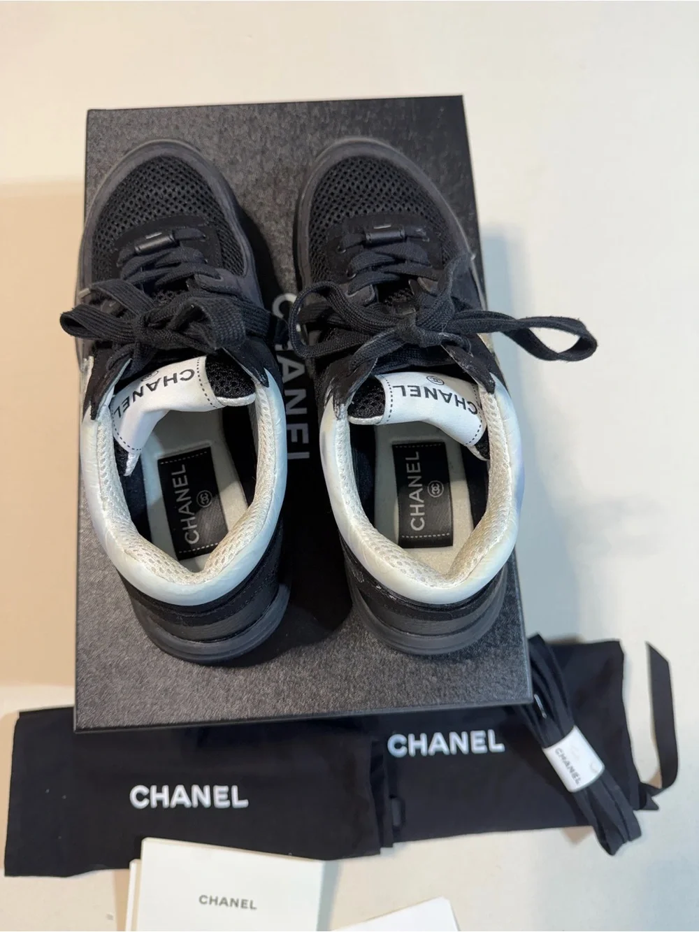 CHANEL Black Mesh & Leather Low-Top Sneakers